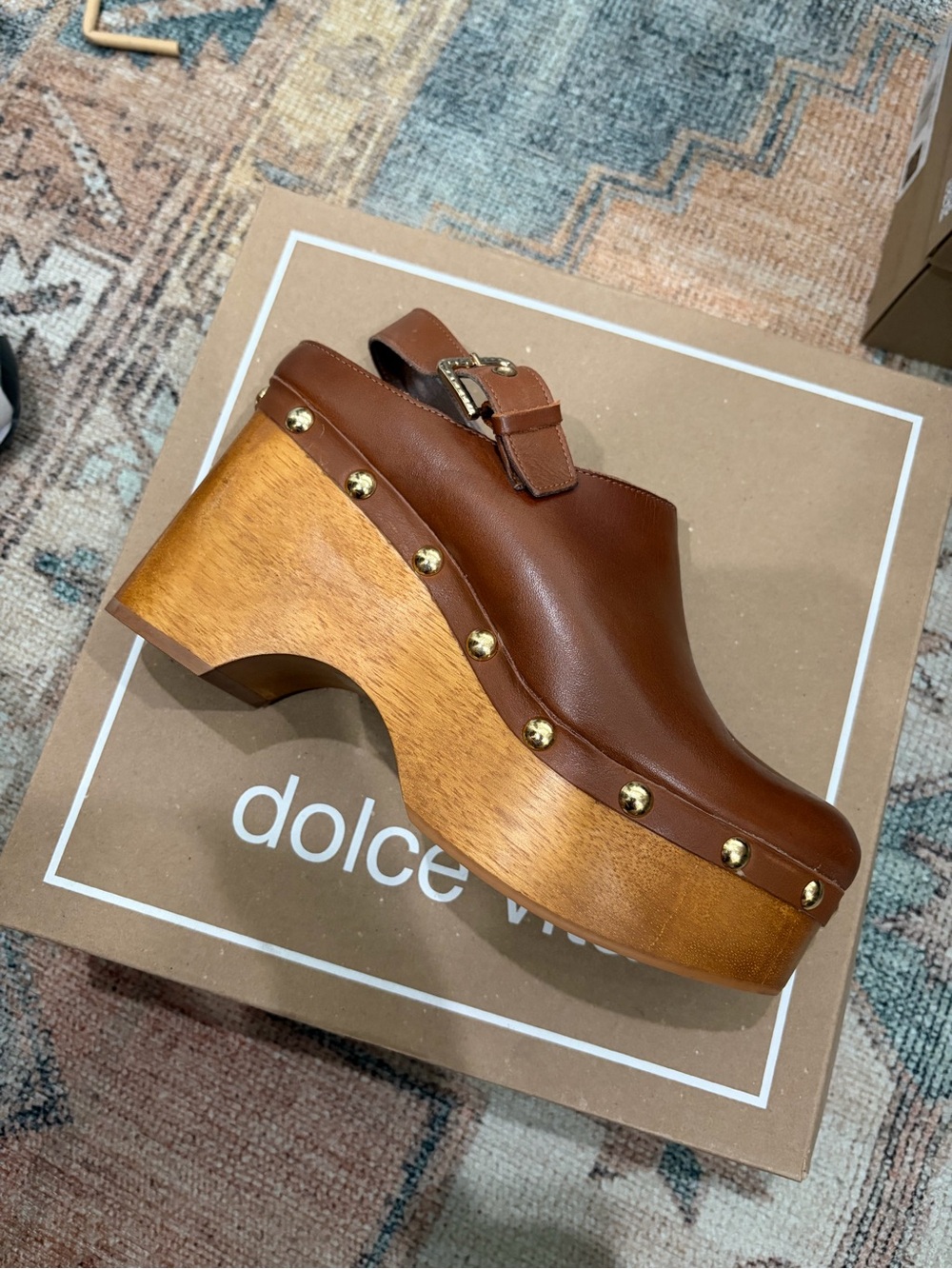 Dolce Vita Adelan Brown Leather Wood Bottom Studded Clog Platform Heels NWB - Picture 4 of 9
